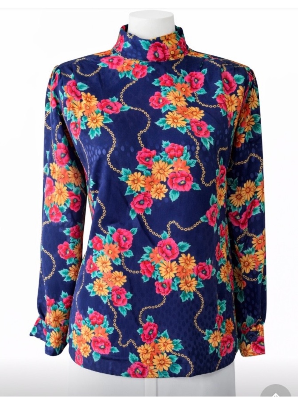 Notations Petite Size 8 Blouse Mock Neck Navy Floral Chain Print VTG 80s 90s